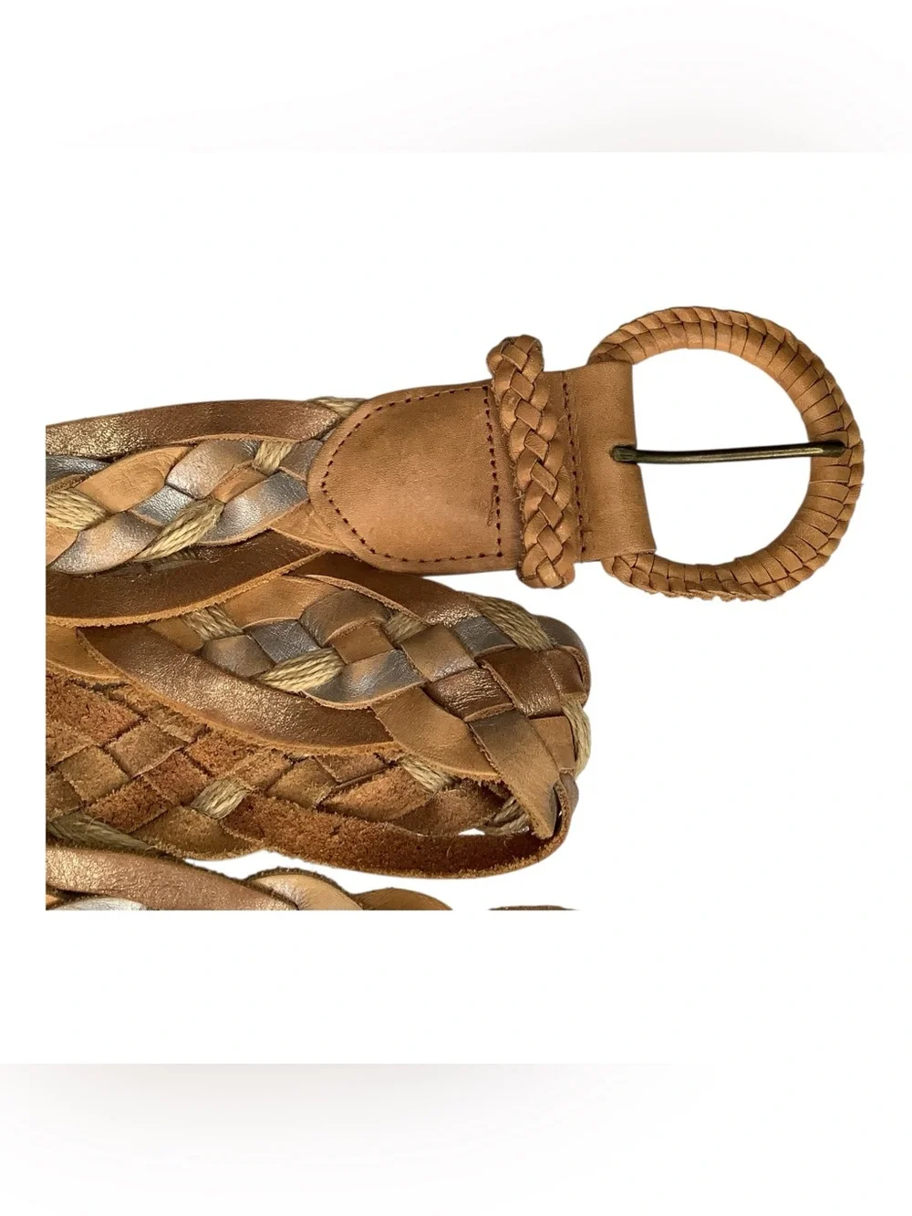Hollister Genuine Leather Braided Belt Tan Metallic Woven Boho Size M/L